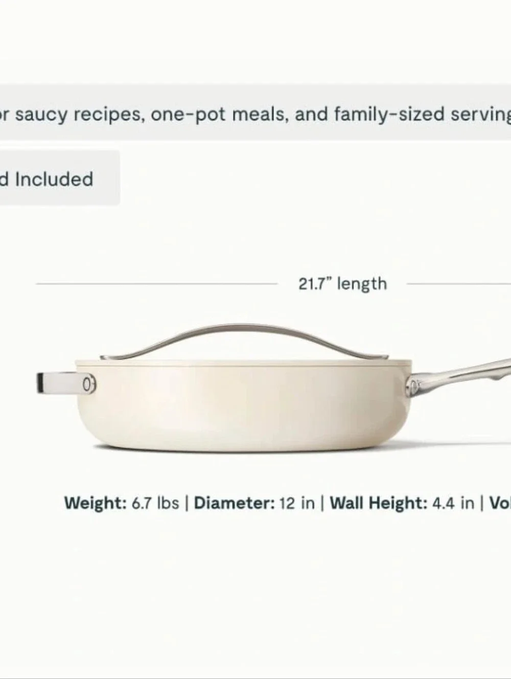 Caraway 4.5QT Nonstick Ceramic Saute Pan w/Lid- Cream
